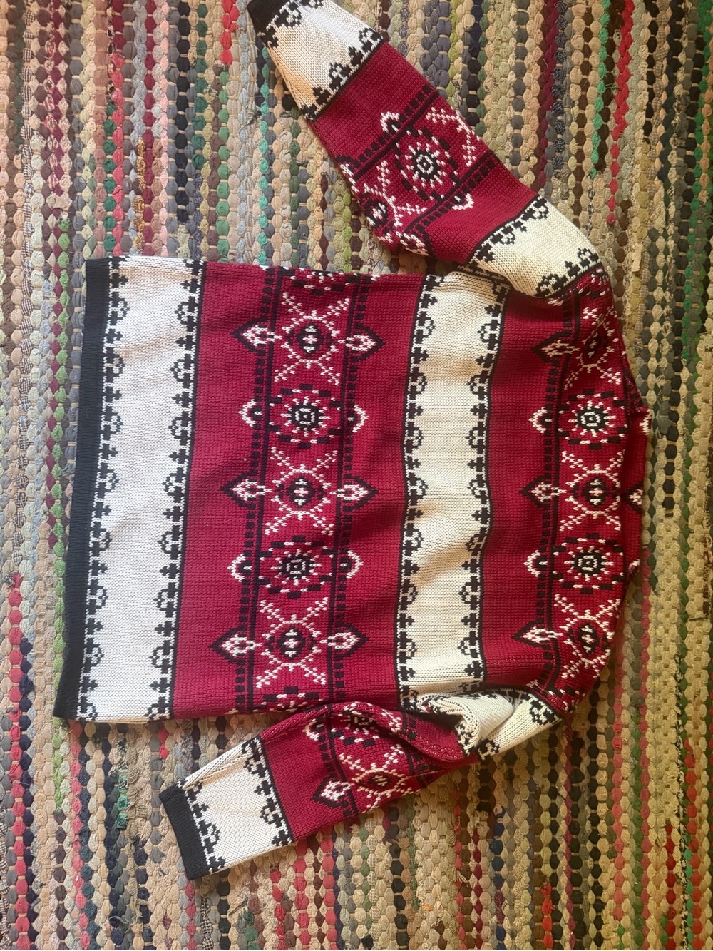 Womens Red and Cream Fair Isle Knit Sweater 100%merino wool size large